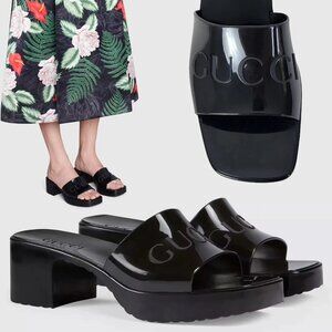 GUCCI SHOES BLACK RUBBER LOGO EMBOSSED SLIDE SANDALS w BLOCK HEEL sz 39